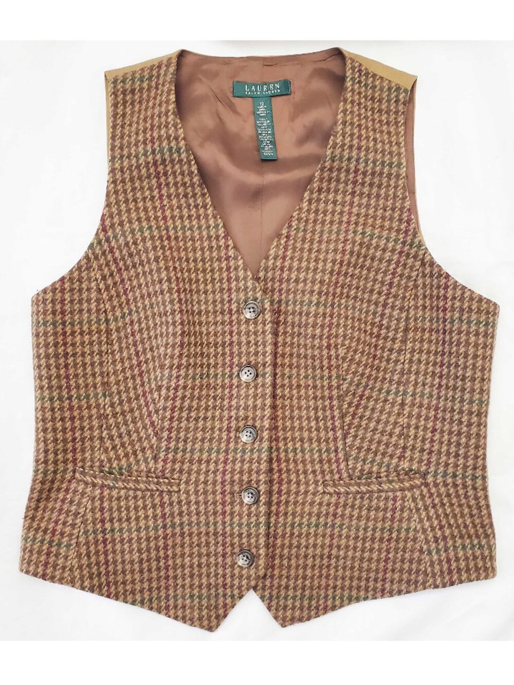Vintage Lauren Ralph Lauren Women's Brown Green Wool Houndstooth Waistcoat Vest